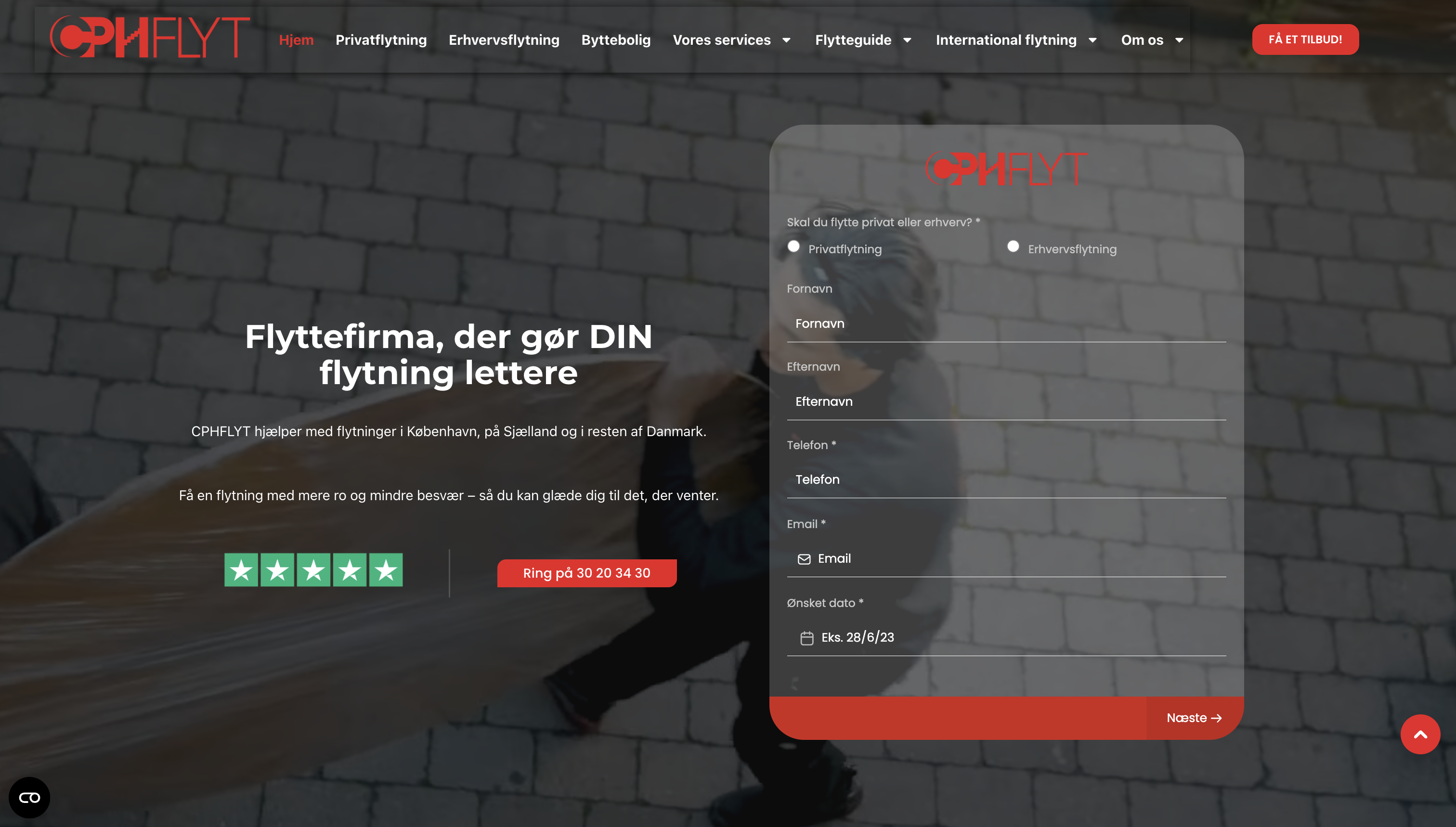 CPHFLYTs forside med flytteservice og tilbudsformular