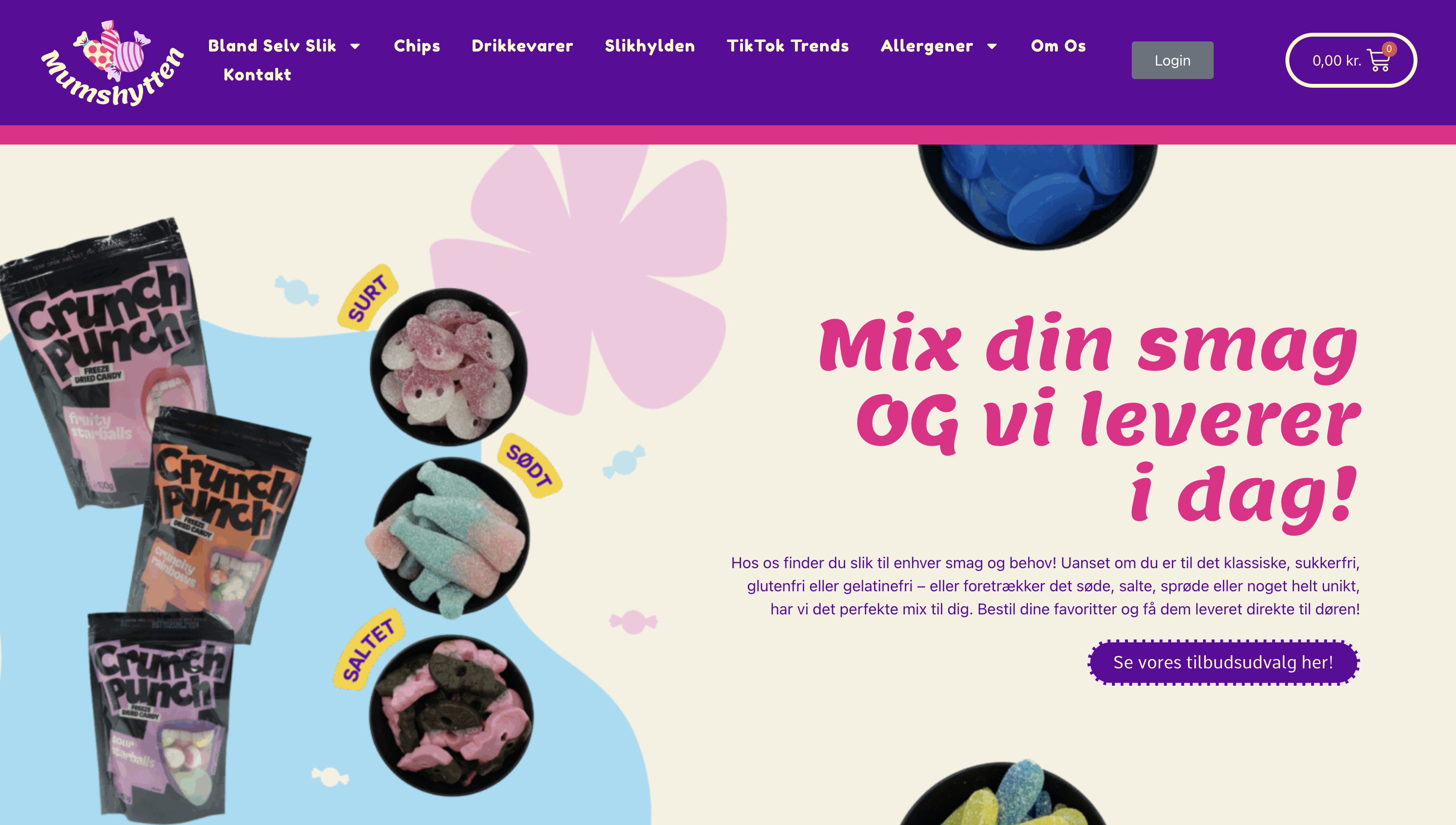 Screenshot af Mumshyttens webshop med slikprodukter og forsidebanner